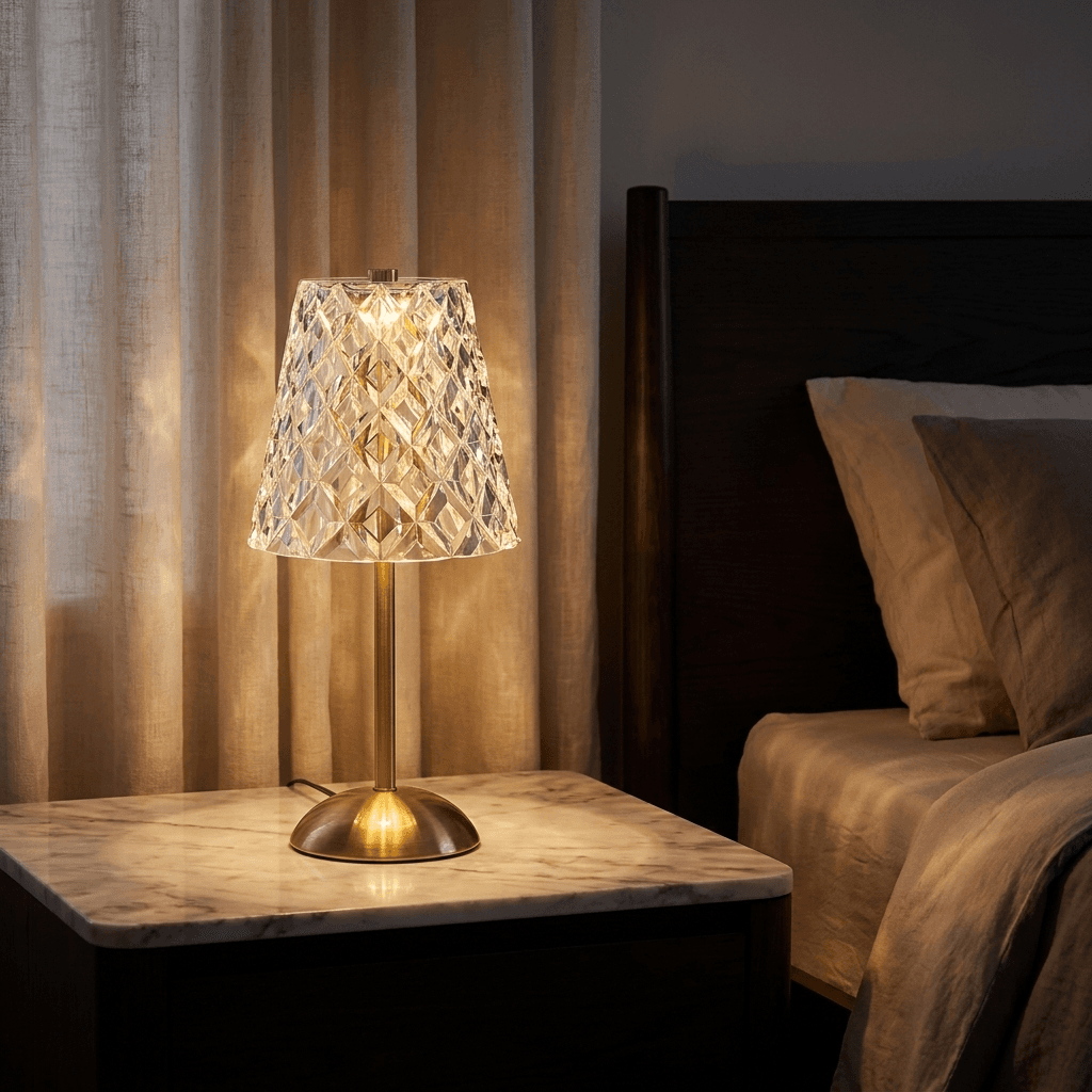 Aurora — Crystal Glass Table Lamp, lit in a dark room