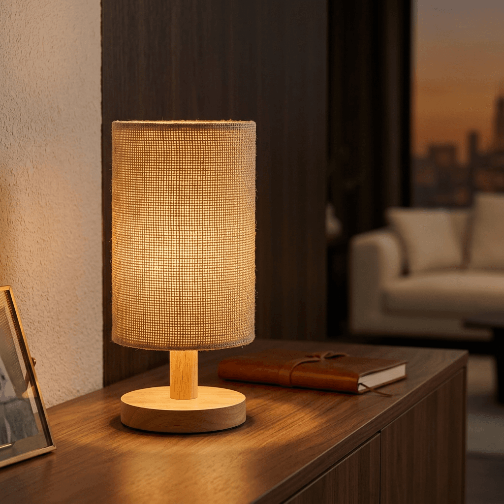 Tela — Linen & Oak Table Lamp, lit in a dark room