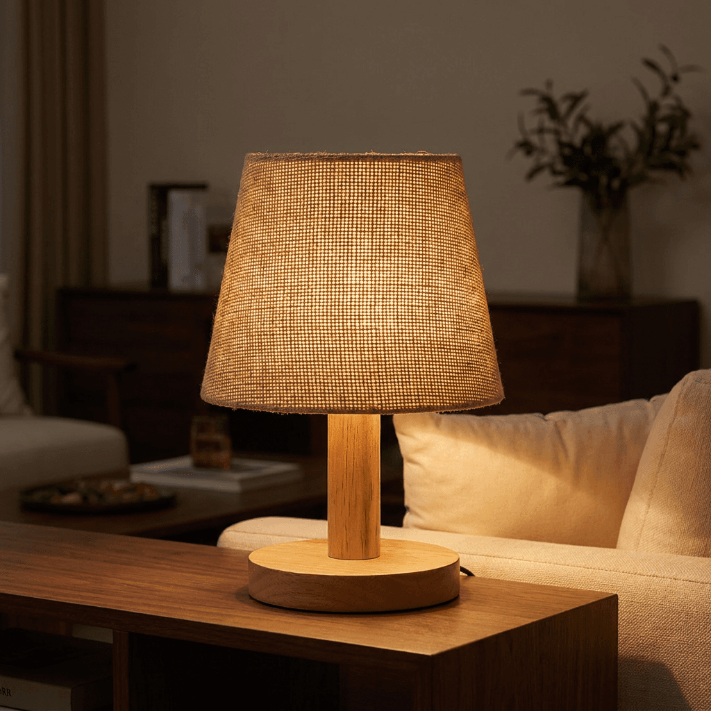 Siena — Tapered Linen Table Lamp, lit in a dark room